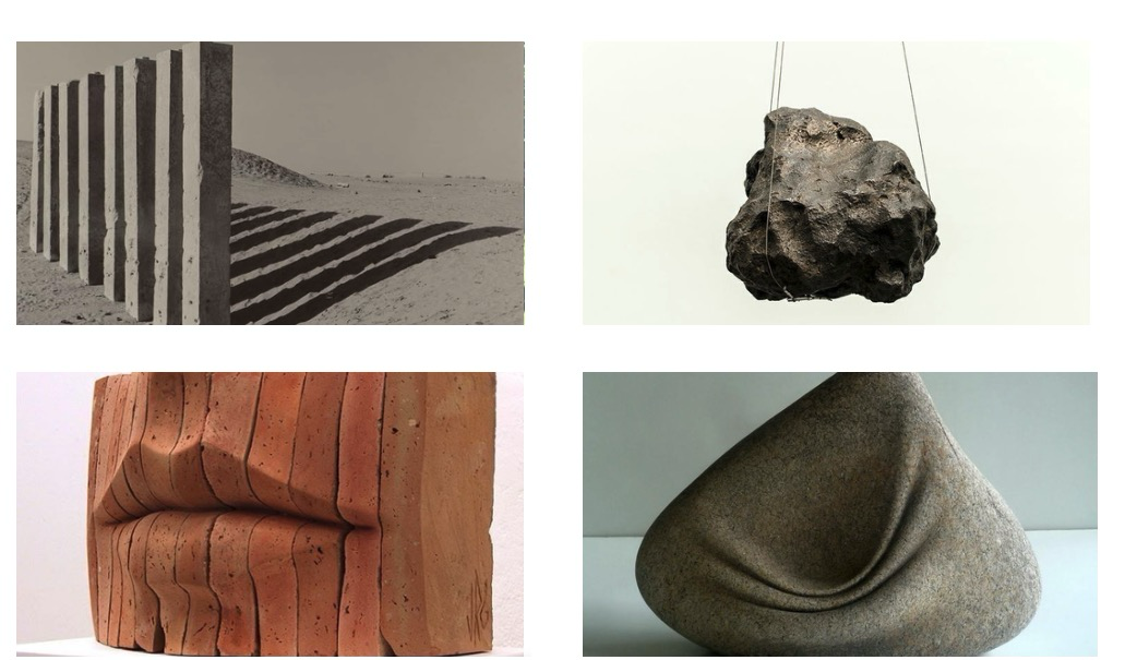 Nine sculpture references: upright stone slabs, a suspended rock, carved terracotta, folded stone, a sculptural ring, a spiked figure, an elongated curved form, an abstract mobile and a suspended rounded sculpture