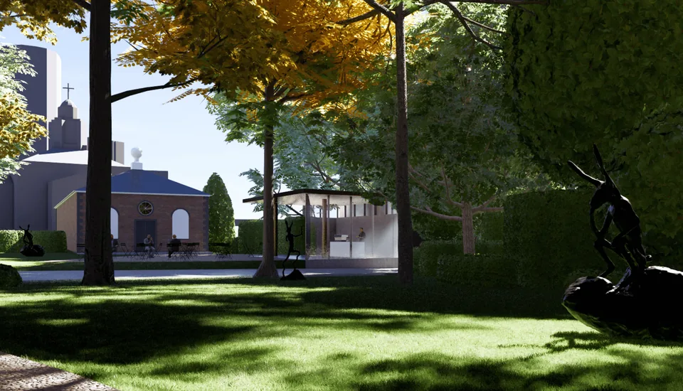 Concept view of a garden path and pavilion